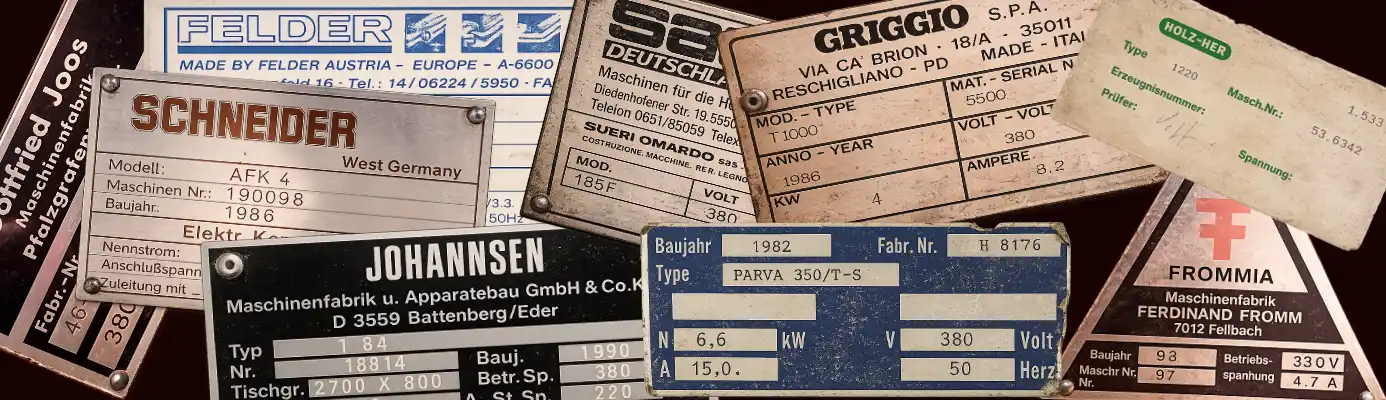 Typenschilder von Maschinen aller Fabrikate die bei Ballas gewartet und repariert wurden