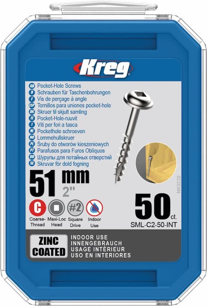 KREG® Verzinkte Taschenlochschrauben - 51mm/2.00", Grobgewinde, Maxi-Loc, 50 Stück