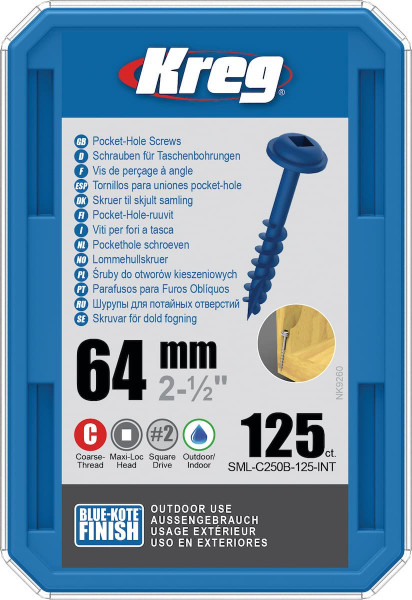 KREG® Pocket-Hole Schrauben 64 mm, Blue-Kote, Grobgewinde VE=125 Stück