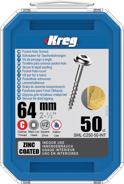 KREG® Verzinkte Taschenlochschrauben - 64mm/2.50", Grobgewinde, Maxi-Loc, 50 Stück