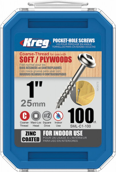 KREG® Verzinkte Taschenlochschrauben - 25mm/1.00", Grobgewinde, Maxi-Loc, 100 Stück