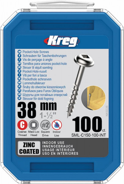 KREG® Verzinkte Taschenlochschrauben - 38mm/1.50", Grobgewinde, Maxi-Loc, 100 Stück